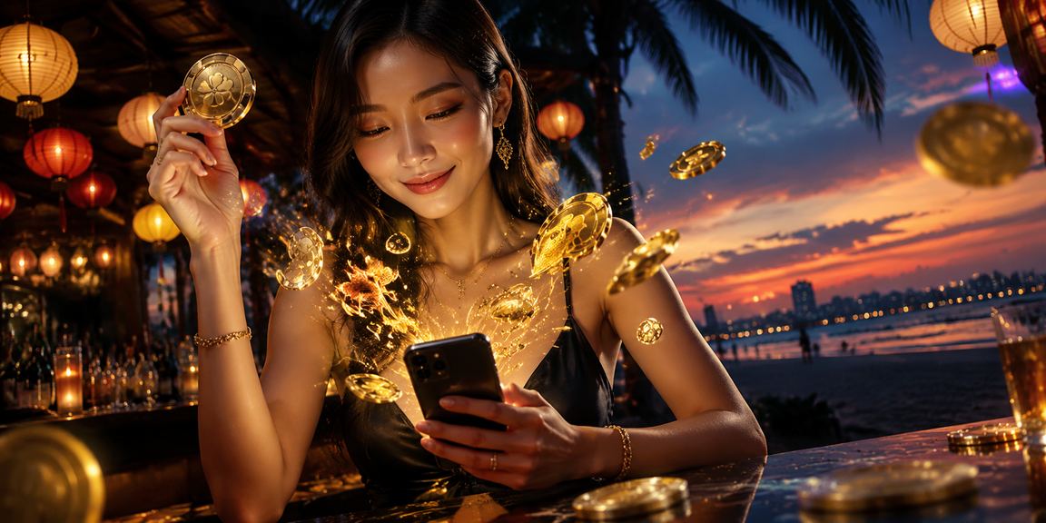 Cảnh đêm Đà Nẵng với đèn lồng và người dùng chơi bắn cá trực tuyến trên điện thoại di động