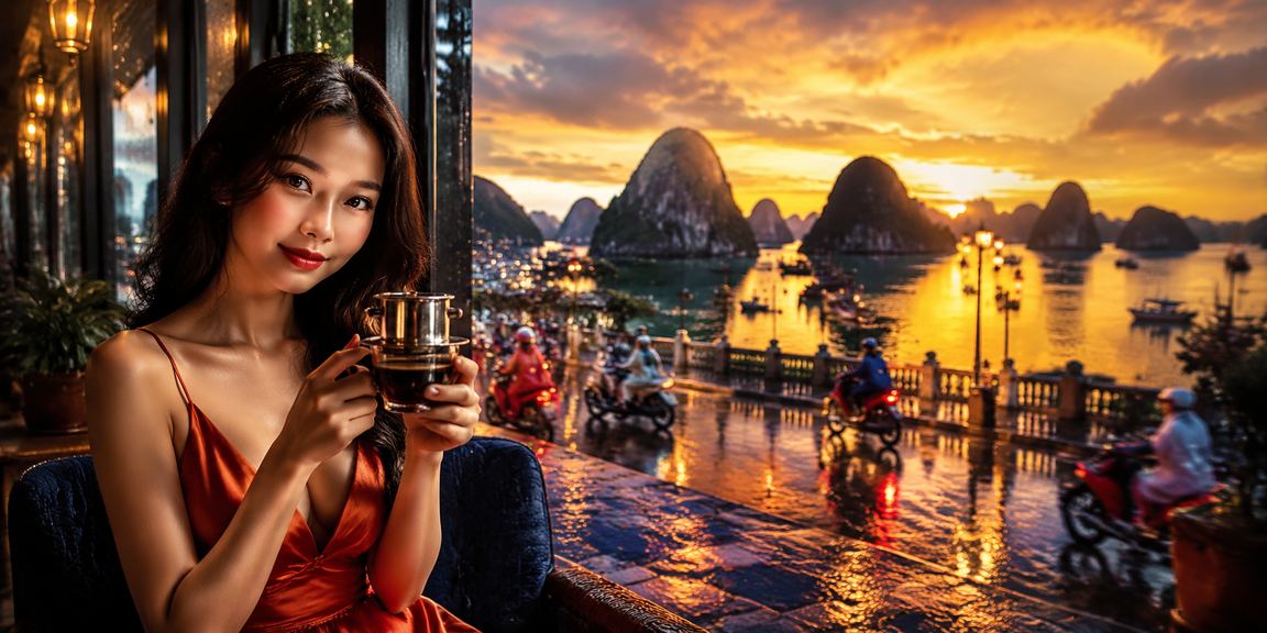 Người dùng ngồi uống cà phê nhìn ra vịnh Hạ Long, tay cầm điện thoại kiểm tra ứng dụng cá cược