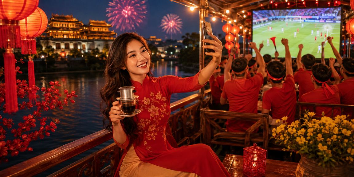 Người dùng tại Huế ngồi cà phê kiểm tra ứng dụng cá cược trên điện thoại buổi sáng