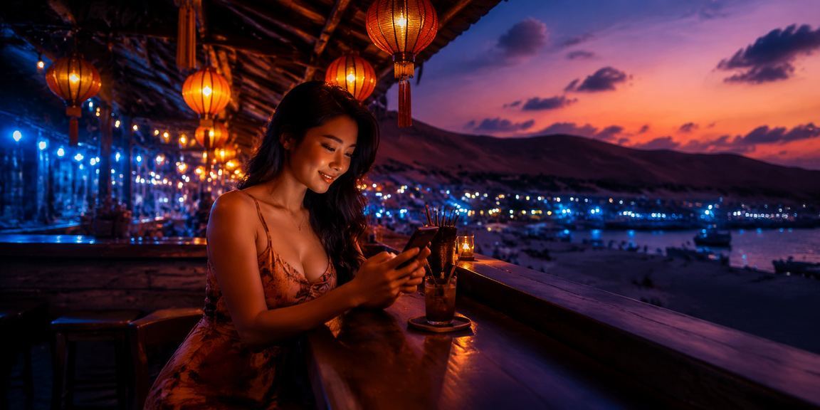 Người chơi sử dụng 664 trên điện thoại tại chợ đêm Mũi Né